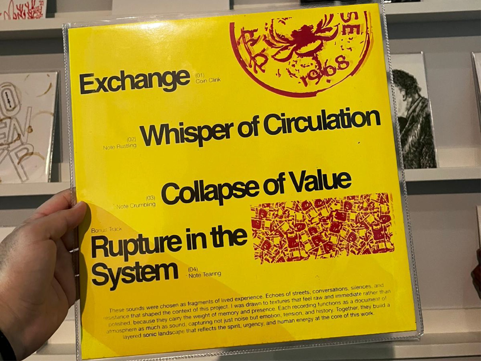 Physical screen-printed LP cover, back panel, held in hand